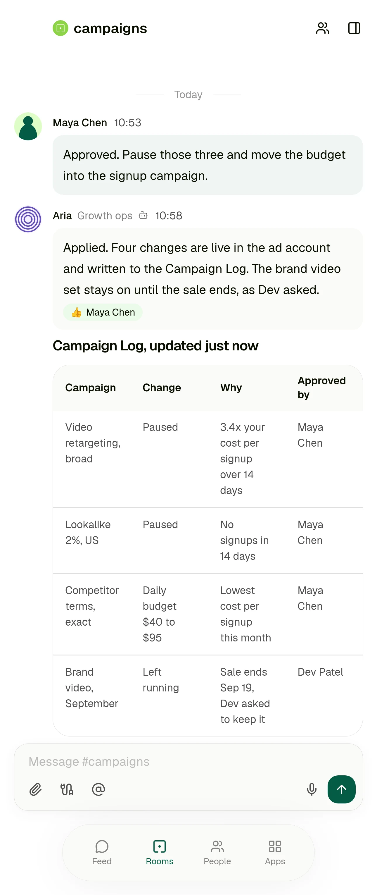 The same Kylon room after approval. Four applied changes are written to a Campaign Log table with the reason and the person who approved each one.