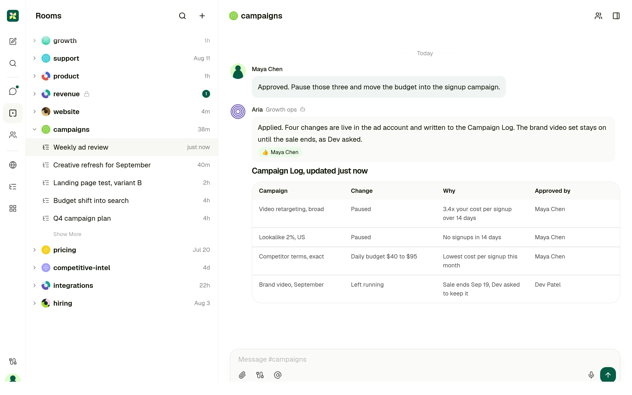 The same Kylon room after approval. Four applied changes are written to a Campaign Log table with the reason and the person who approved each one.