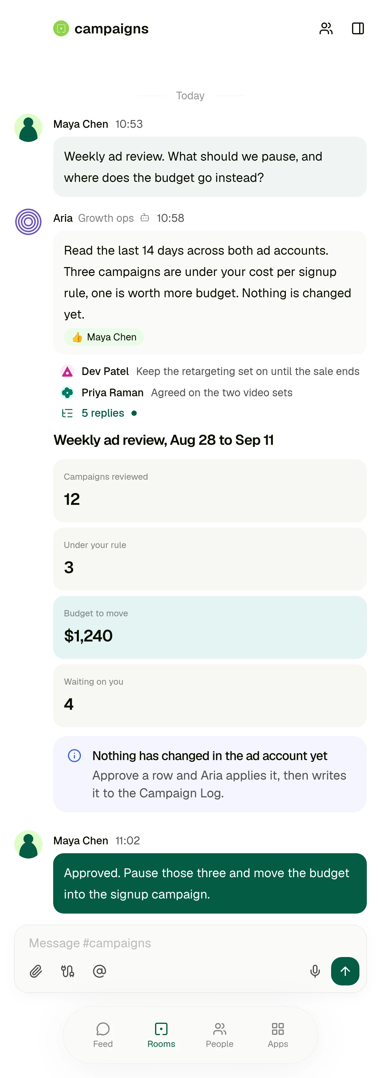 A Kylon room called campaigns. Someone asks for the weekly ad review, an agent answers with a summary card, and nothing is changed in the ad account until a person approves it.