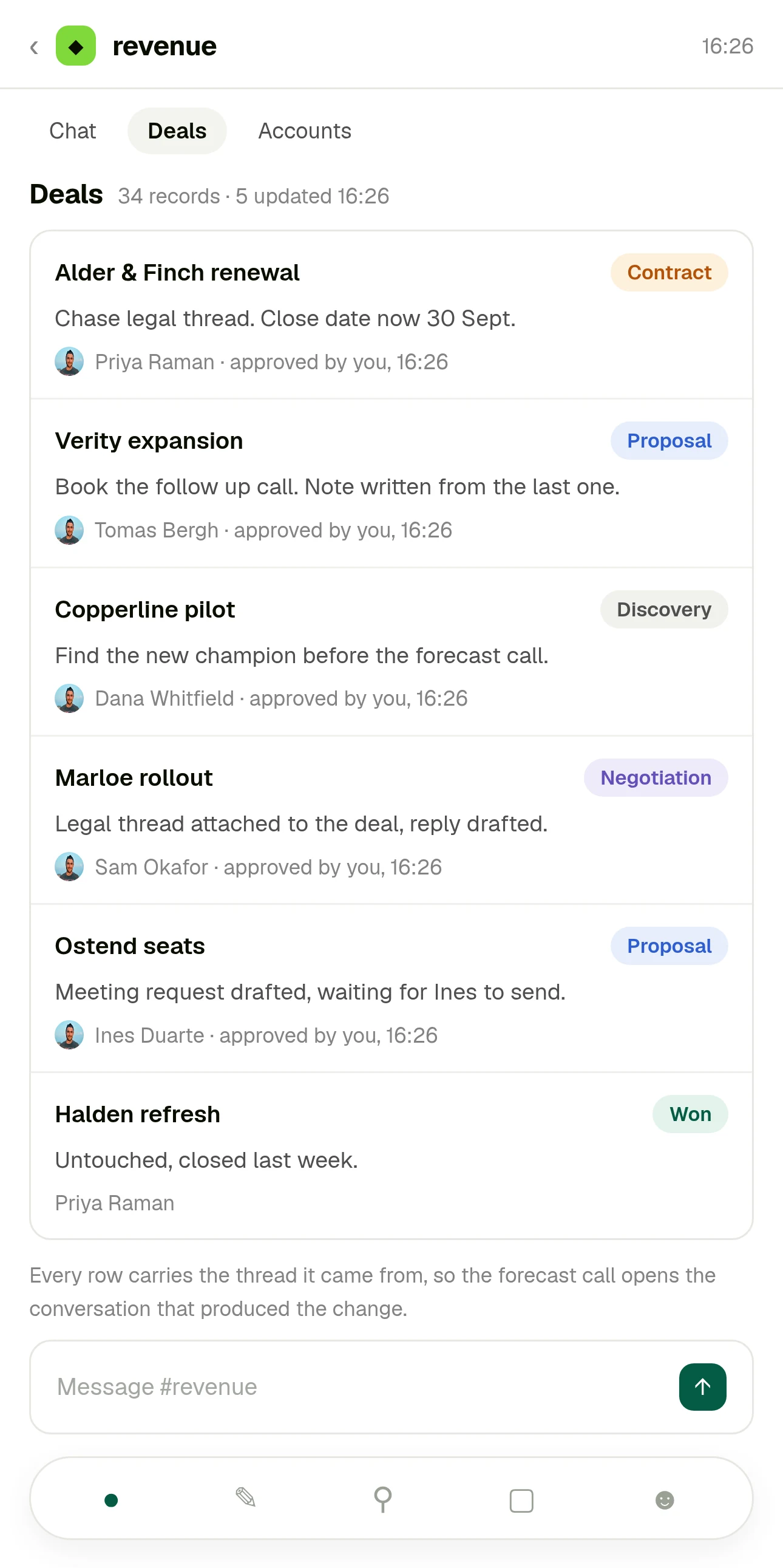 The Deals table in the same Kylon room after approval. Each deal shows its stage, the next step and who approved the change.