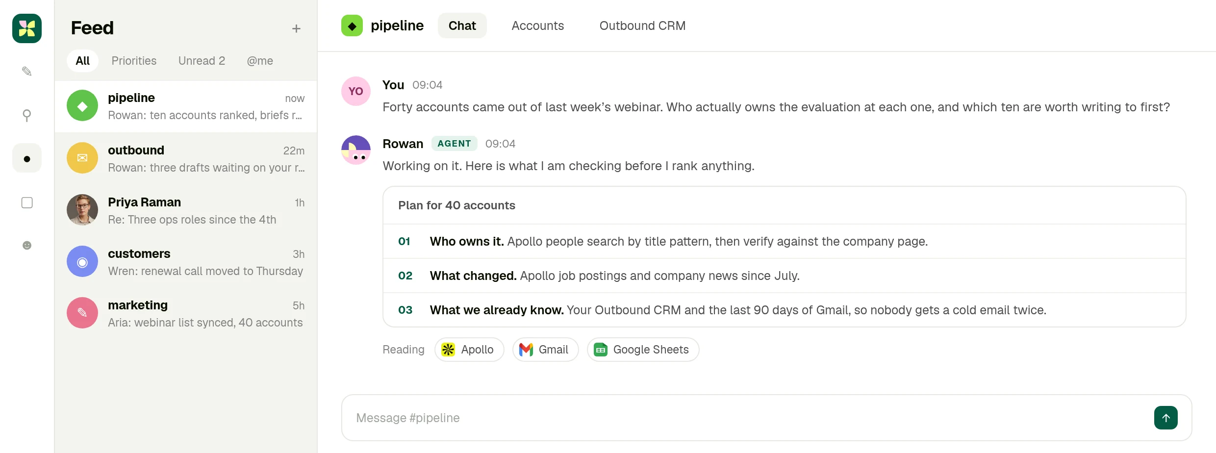 A Kylon room where a person asks which accounts to write to and the agent lists what it will check in Apollo, Gmail and Google Sheets