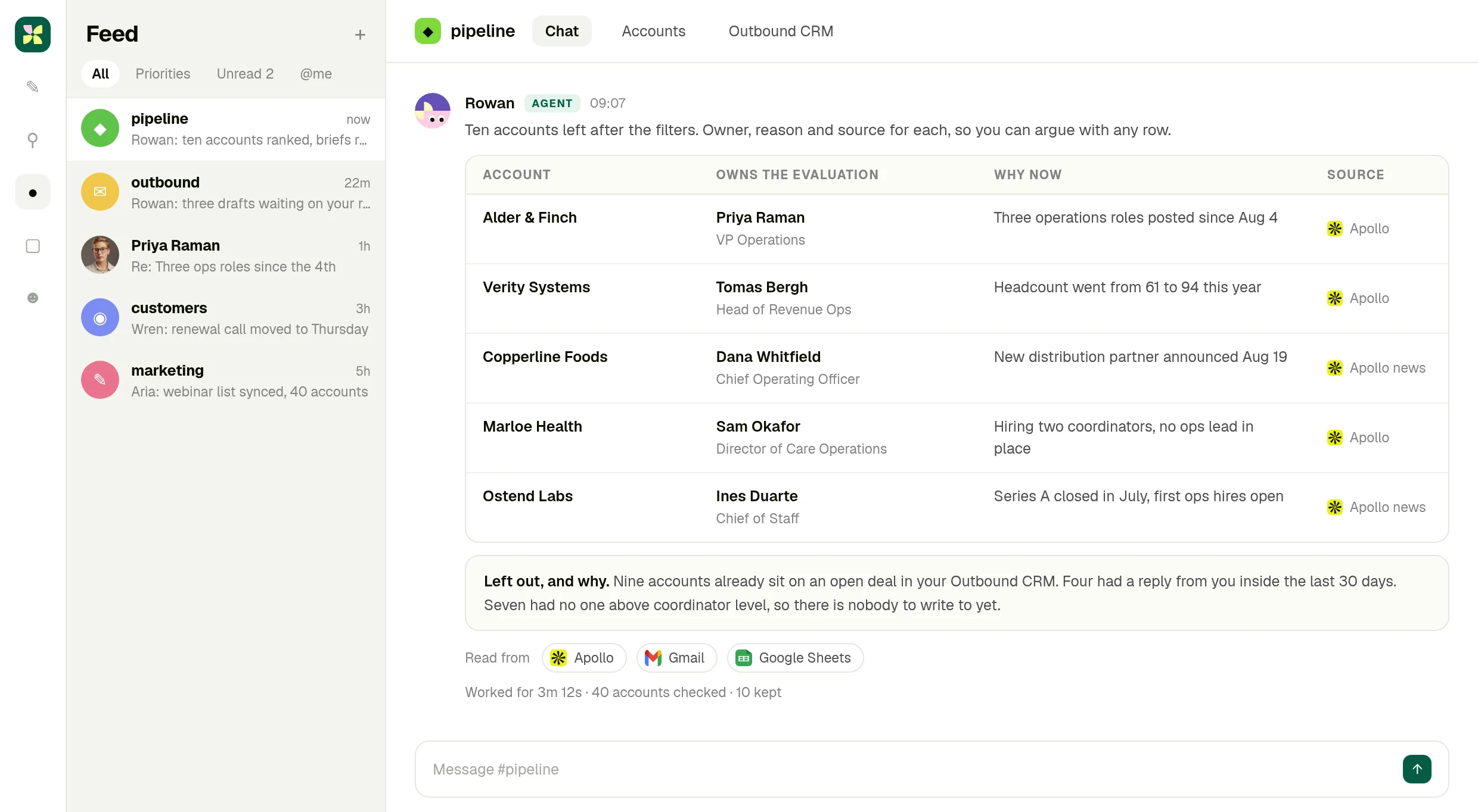 The agent returns a table of accounts with the person who owns the evaluation, the reason now, and the Apollo source for each row