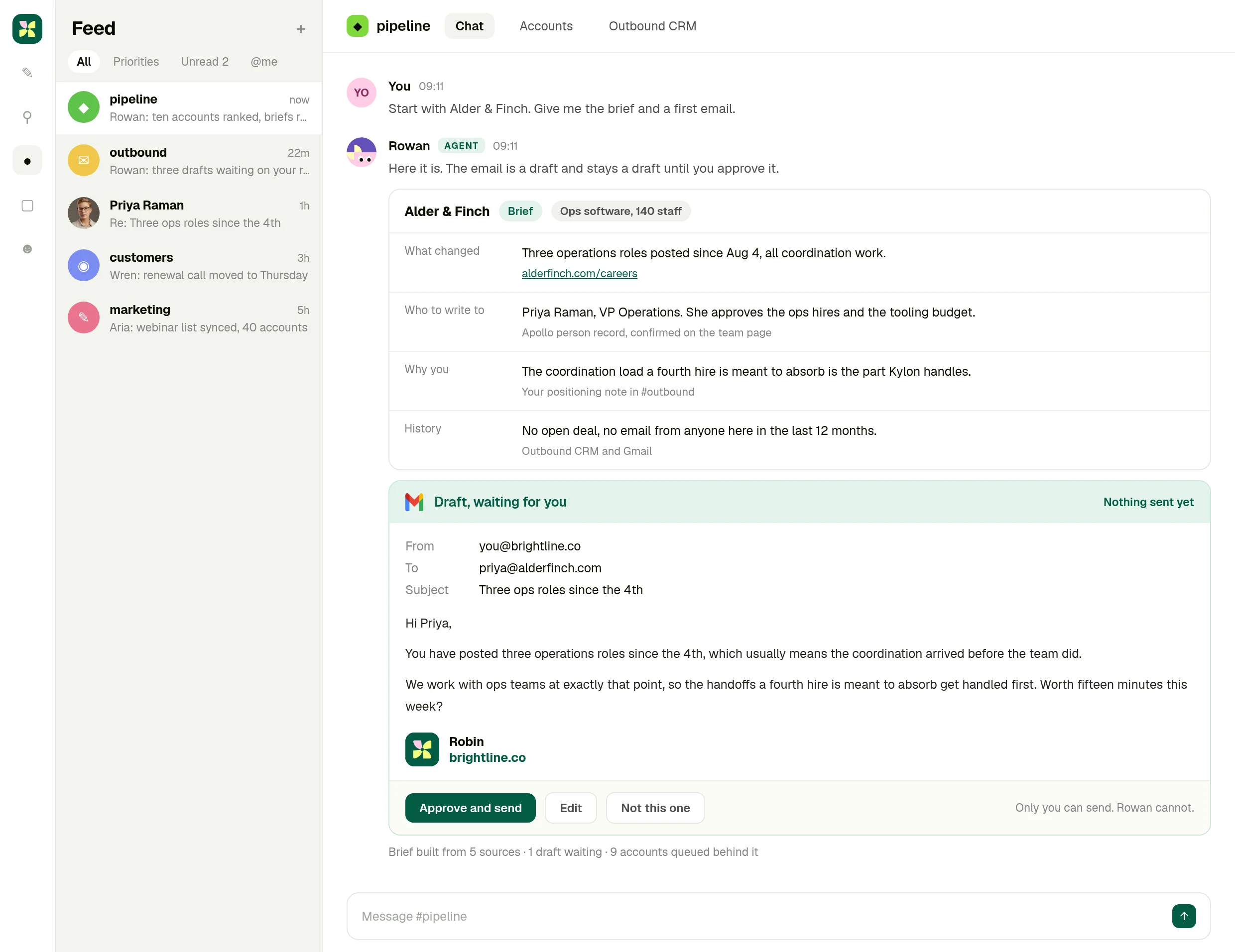 An account brief and a drafted Gmail message held in the room with approve, edit and dismiss controls