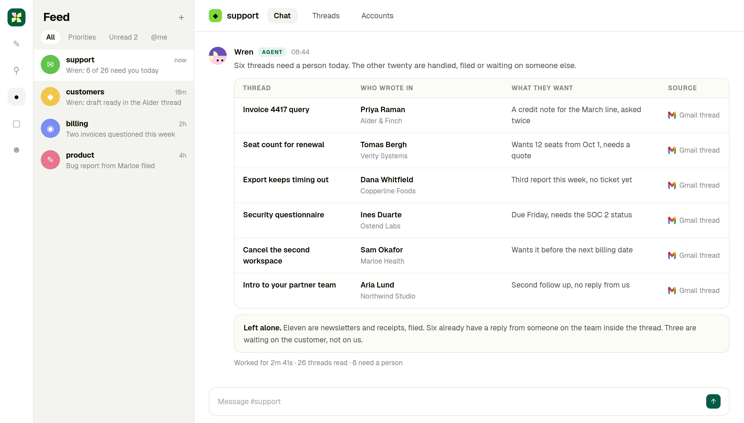 A table of six mail threads with sender, account, what they are asking for and the Gmail thread as the source