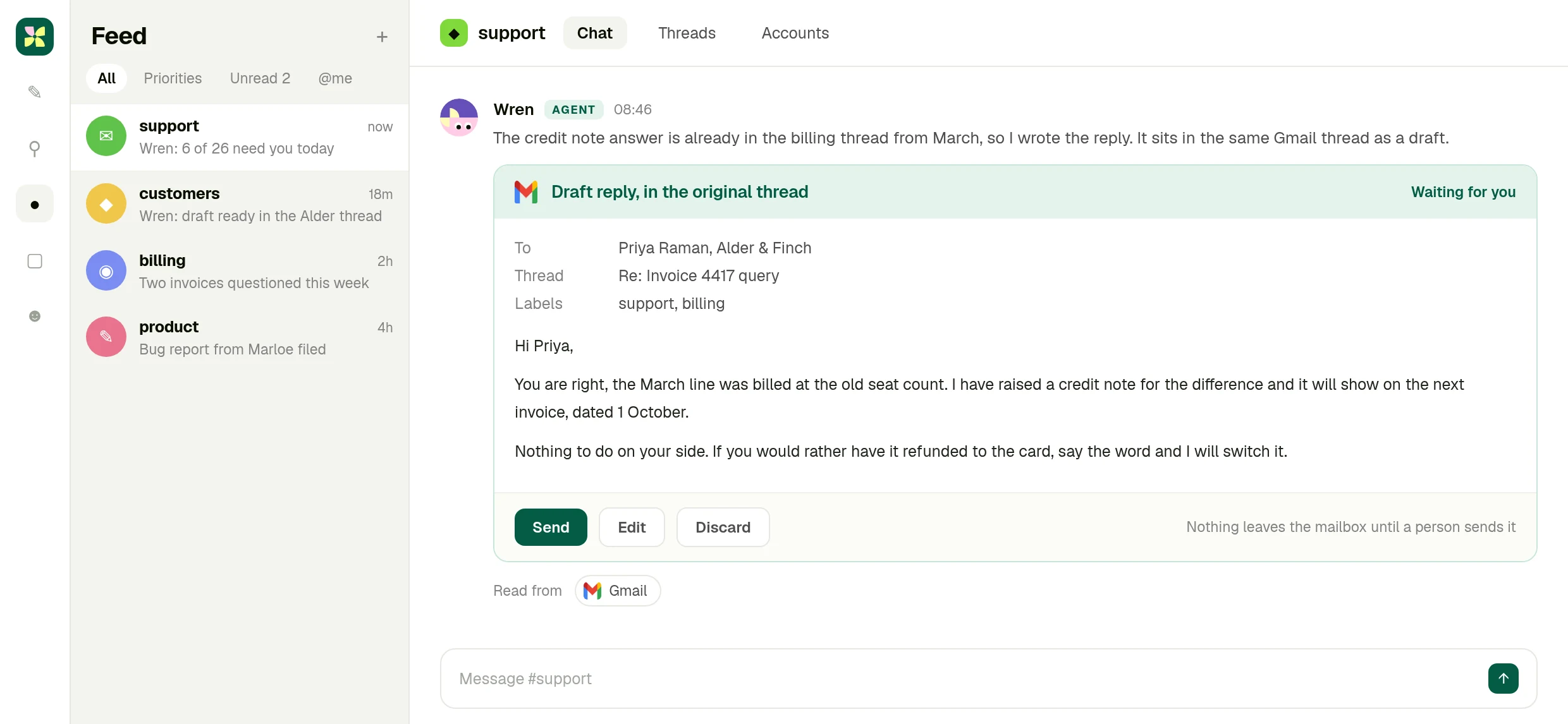 A drafted Gmail reply held in the Kylon room with send, edit and discard controls