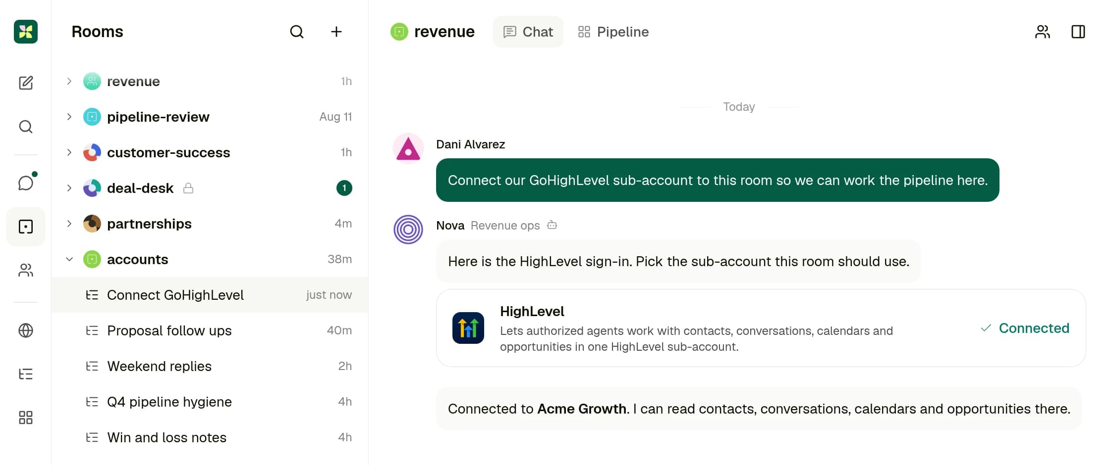 A Kylon room where a person asks to connect GoHighLevel and the agent shows the HighLevel card as connected to the Acme Growth sub-account