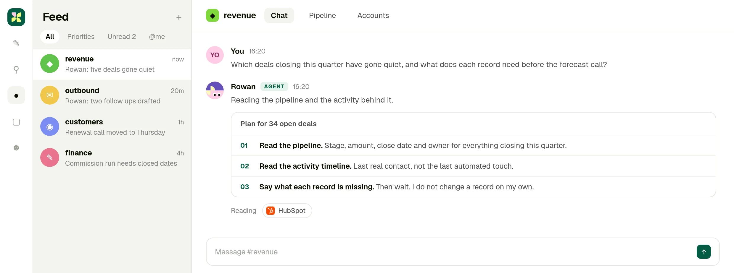 A Kylon room where a person asks which deals went quiet and the agent lists what it will read in HubSpot