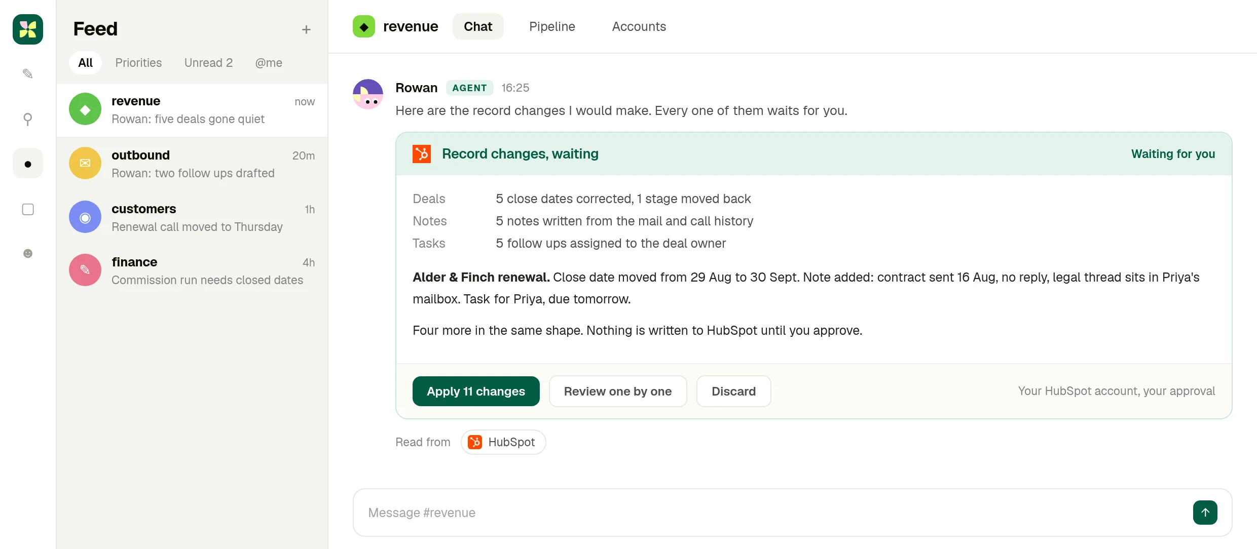 Proposed HubSpot record changes held in the Kylon room with apply, review one by one and discard controls