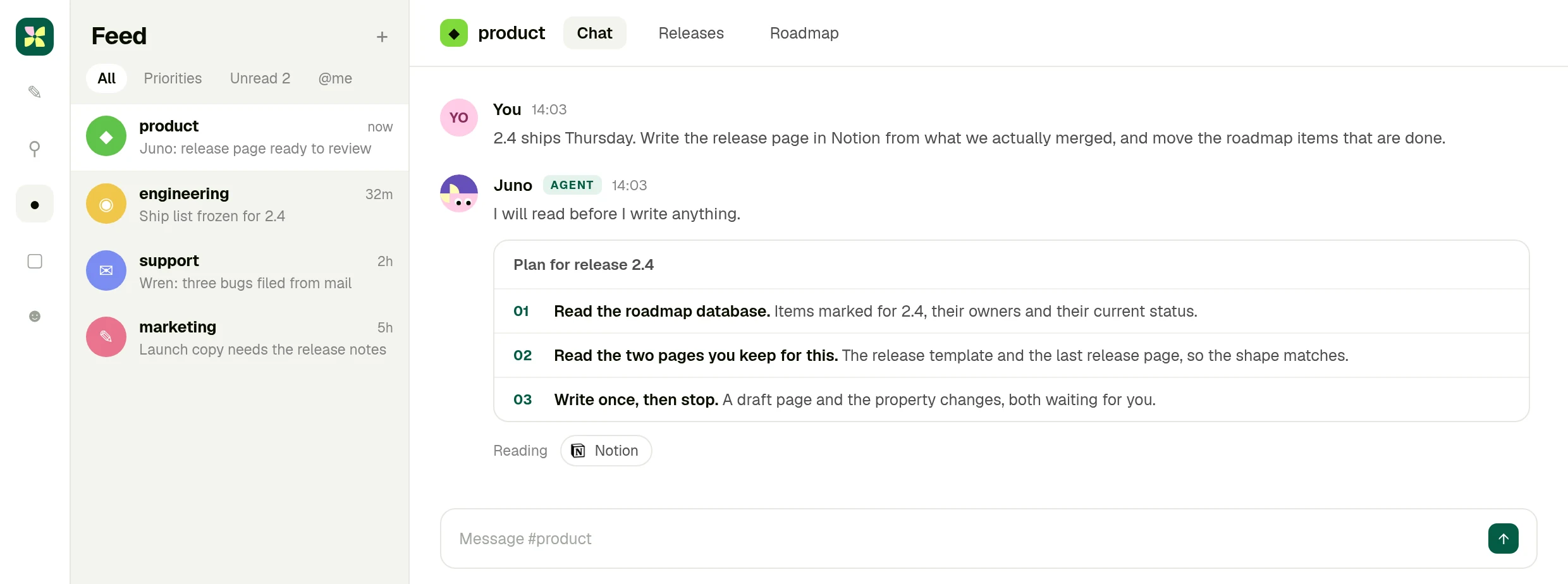 A Kylon room where a person asks for the release page and the agent lists the Notion database and pages it will read