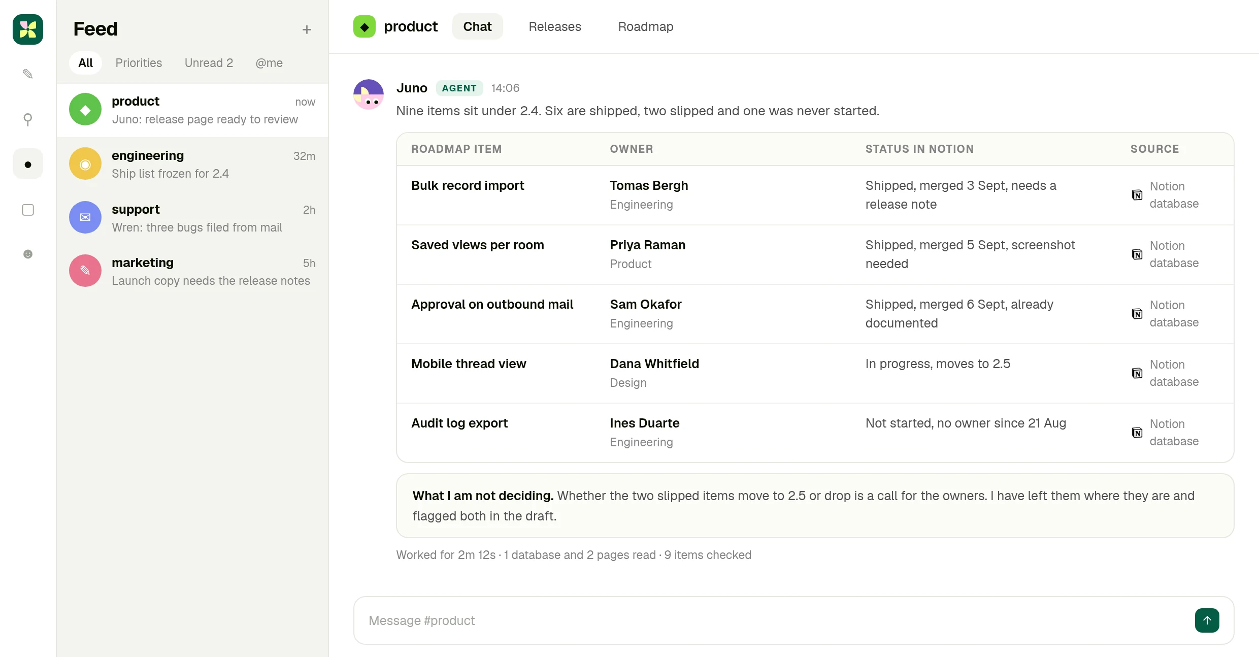 A table of roadmap items with owner, status in Notion and what each needs, sourced to the Notion database