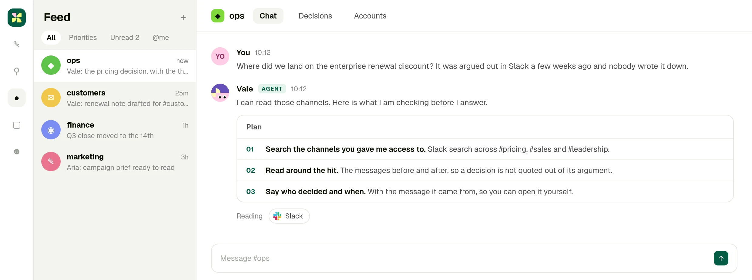 A Kylon room where a person asks where the enterprise renewal discount was decided and the agent lists the channels it will search