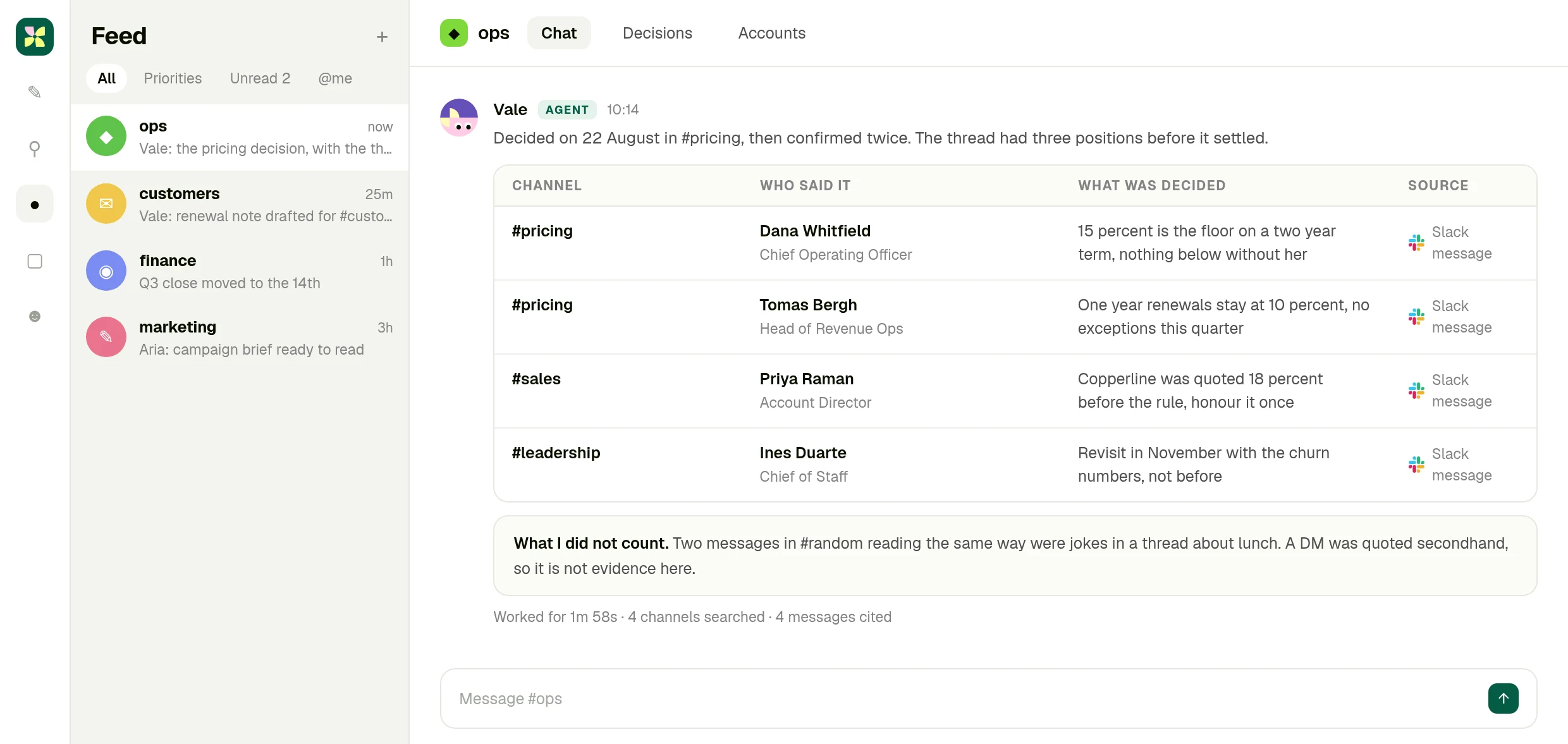 A table of Slack messages with channel, person, what was decided and the source message