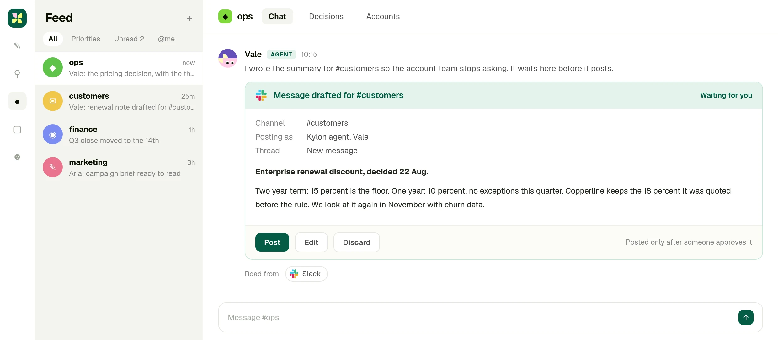 A Slack message drafted for a channel and held in the Kylon room with post, edit and discard controls