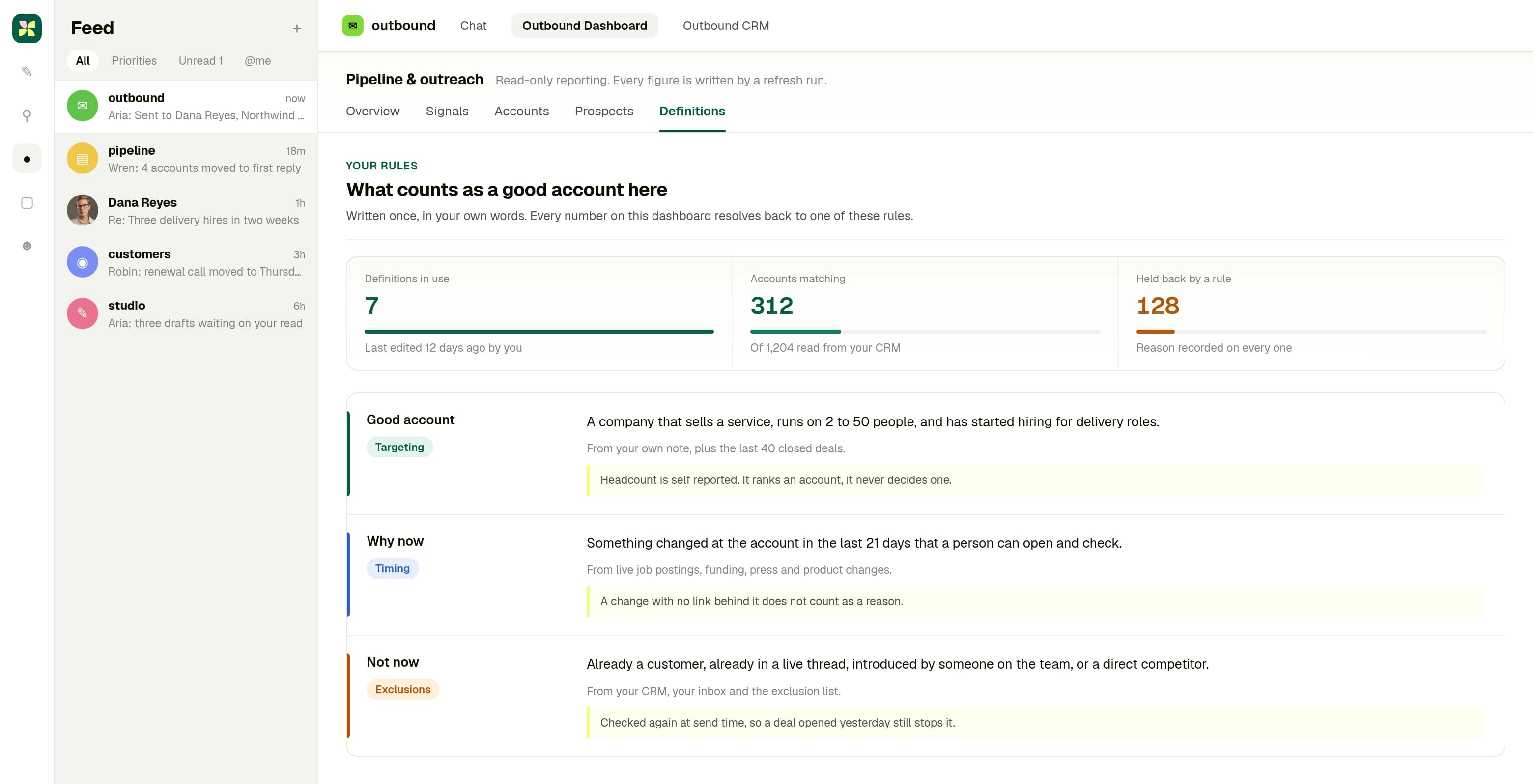 Definitions screen showing a good account, why now and exclusion rules, each with its source