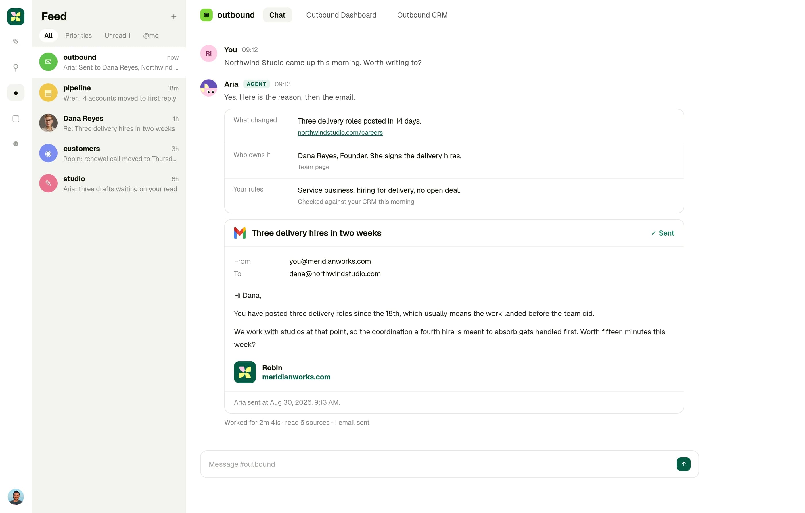 Kylon room where an agent returns prospect research with sources and the sent Gmail message underneath it