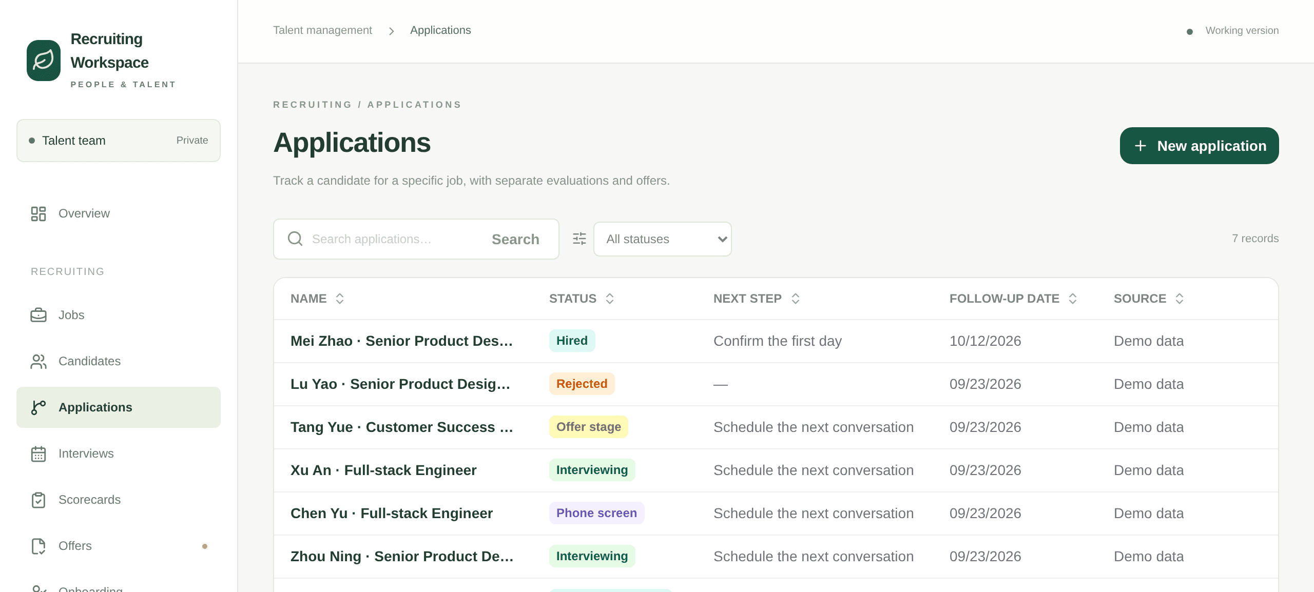 Application list with stage, next step, follow-up date and source