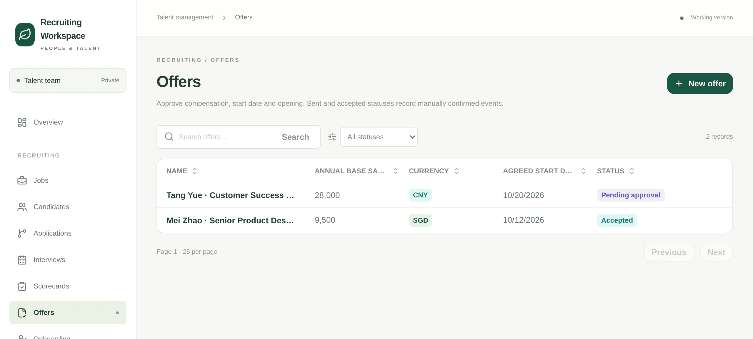 Offer list with salary, start date, version and approval status