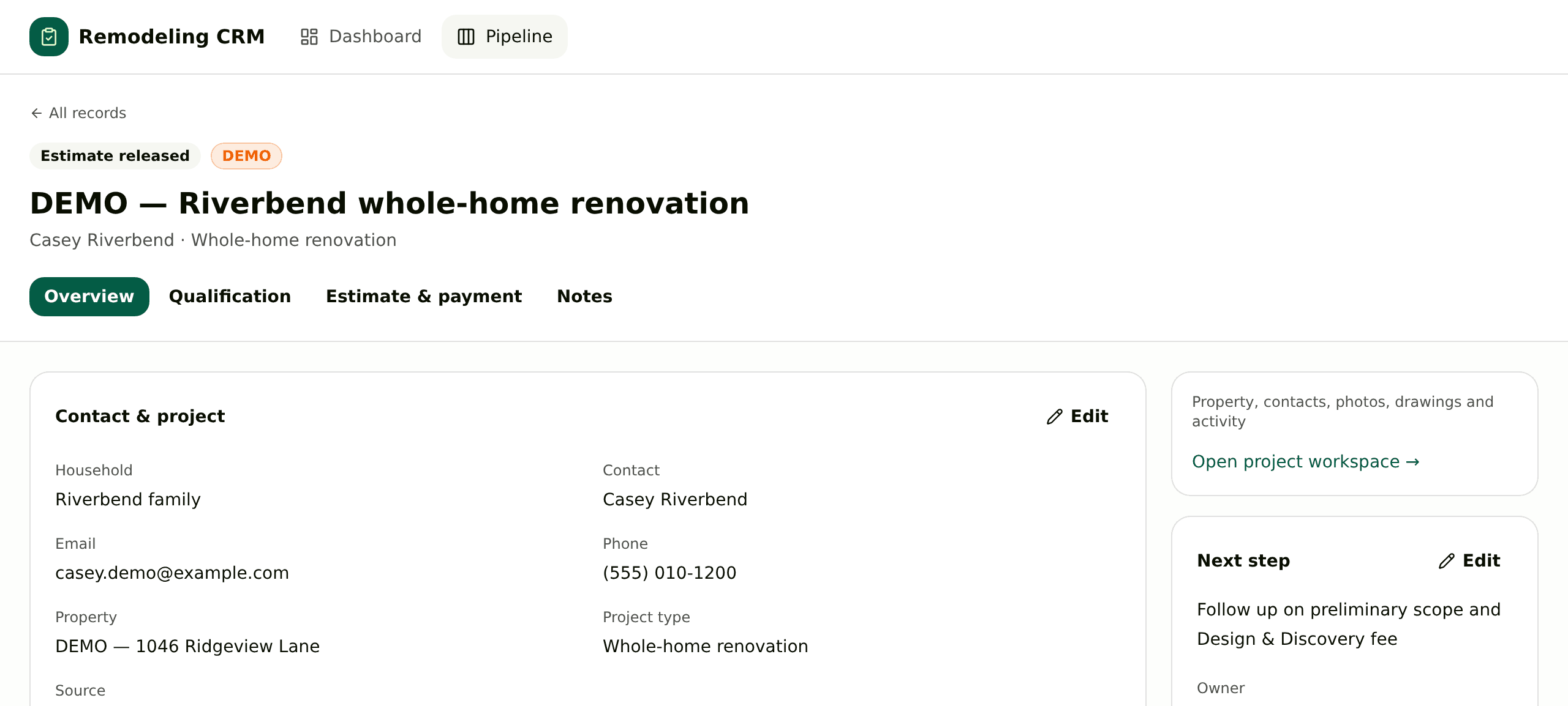 Project record showing contact, property, next step and owner