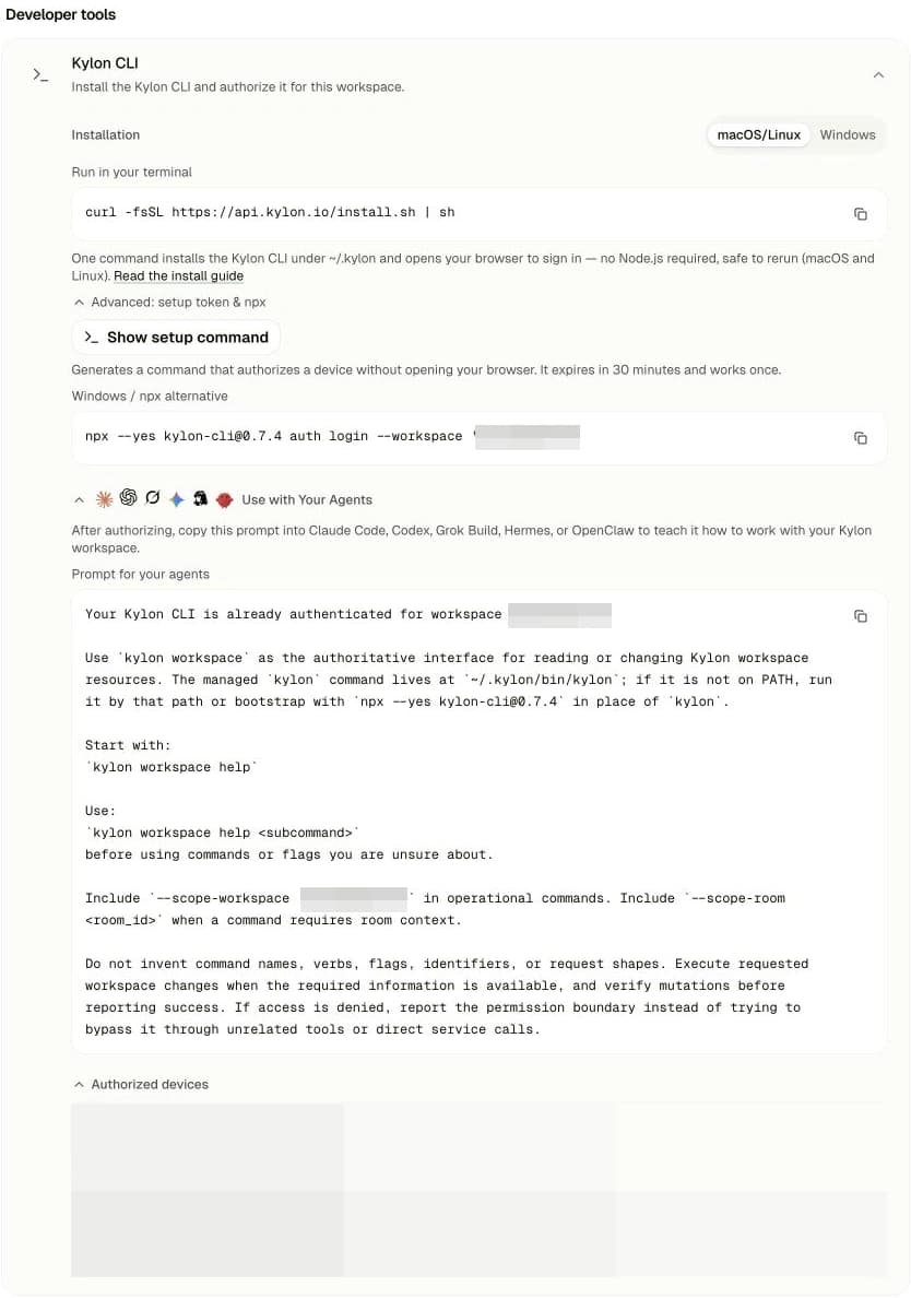Kylon Settings showing CLI installation and Use with Your Agents