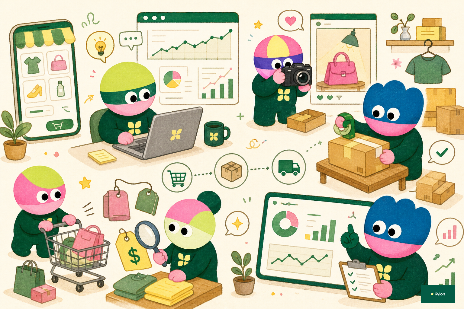 EC全チェーンのAI化 — 選品・コンテンツ・出品・履約・分析をKylonキャラクターたちがワークスペースで扱うイラスト