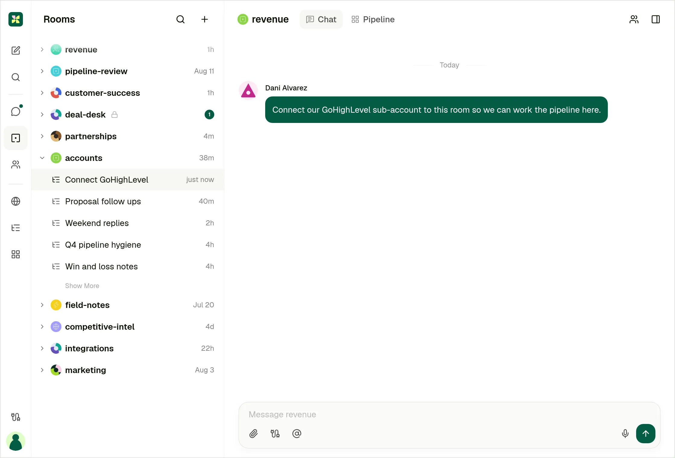 A Kylon room. GoHighLevel is connected, the agent pulls prospects in the Proposal stage, drafts follow ups in Gmail that a person sends, and the Pipeline dashboard in the room updates.
