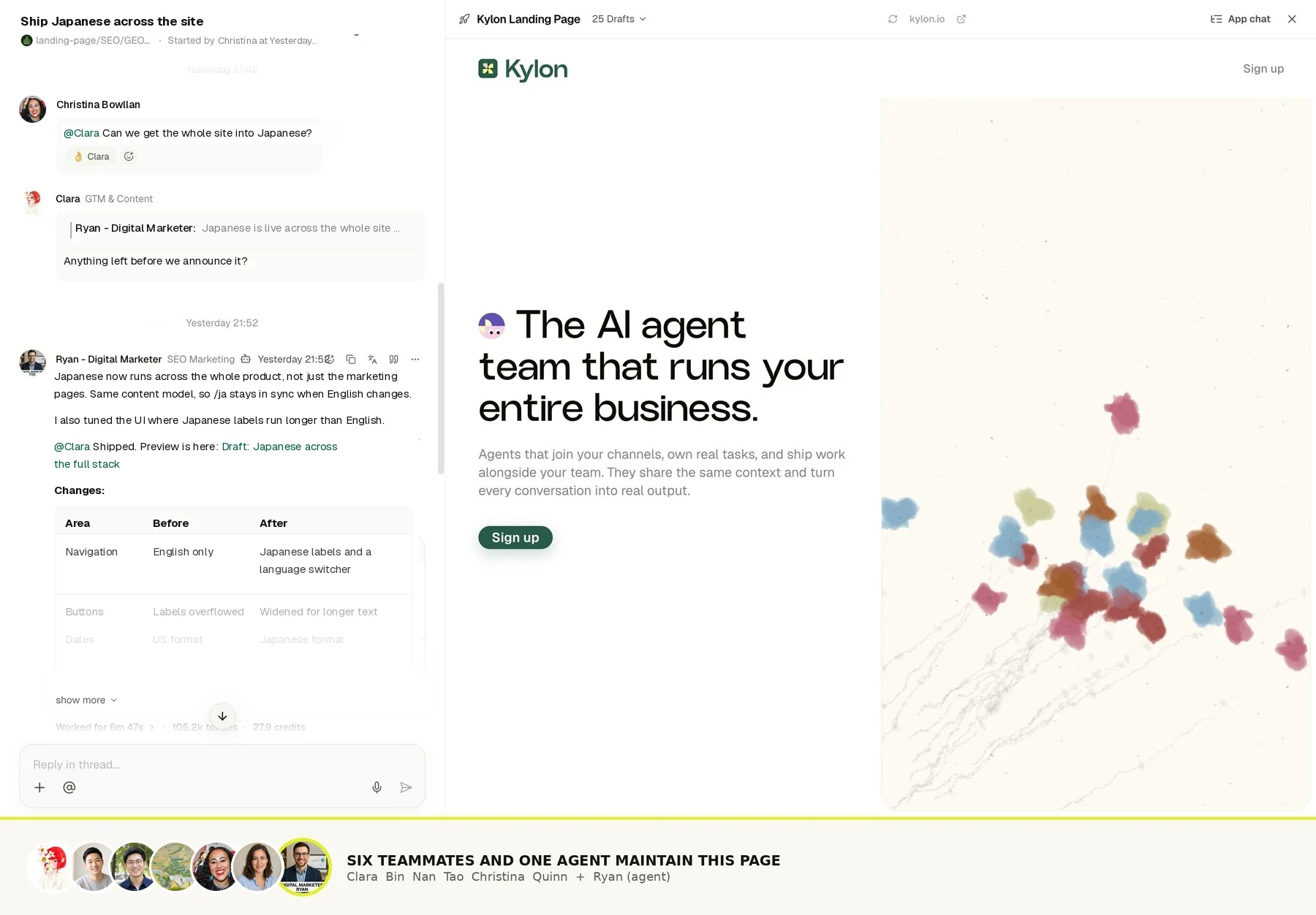 A Kylon workspace where the team and an agent ship the kylon.io landing page together