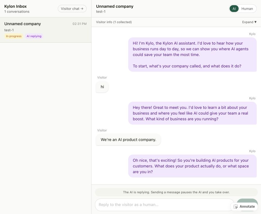 Private team inbox showing a test AI discovery conversation and AI or Human controls