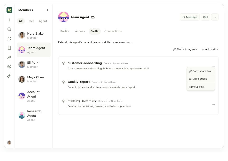 Kylon Agent Skills tab with installed skills and the Add skills and Share to agents controls