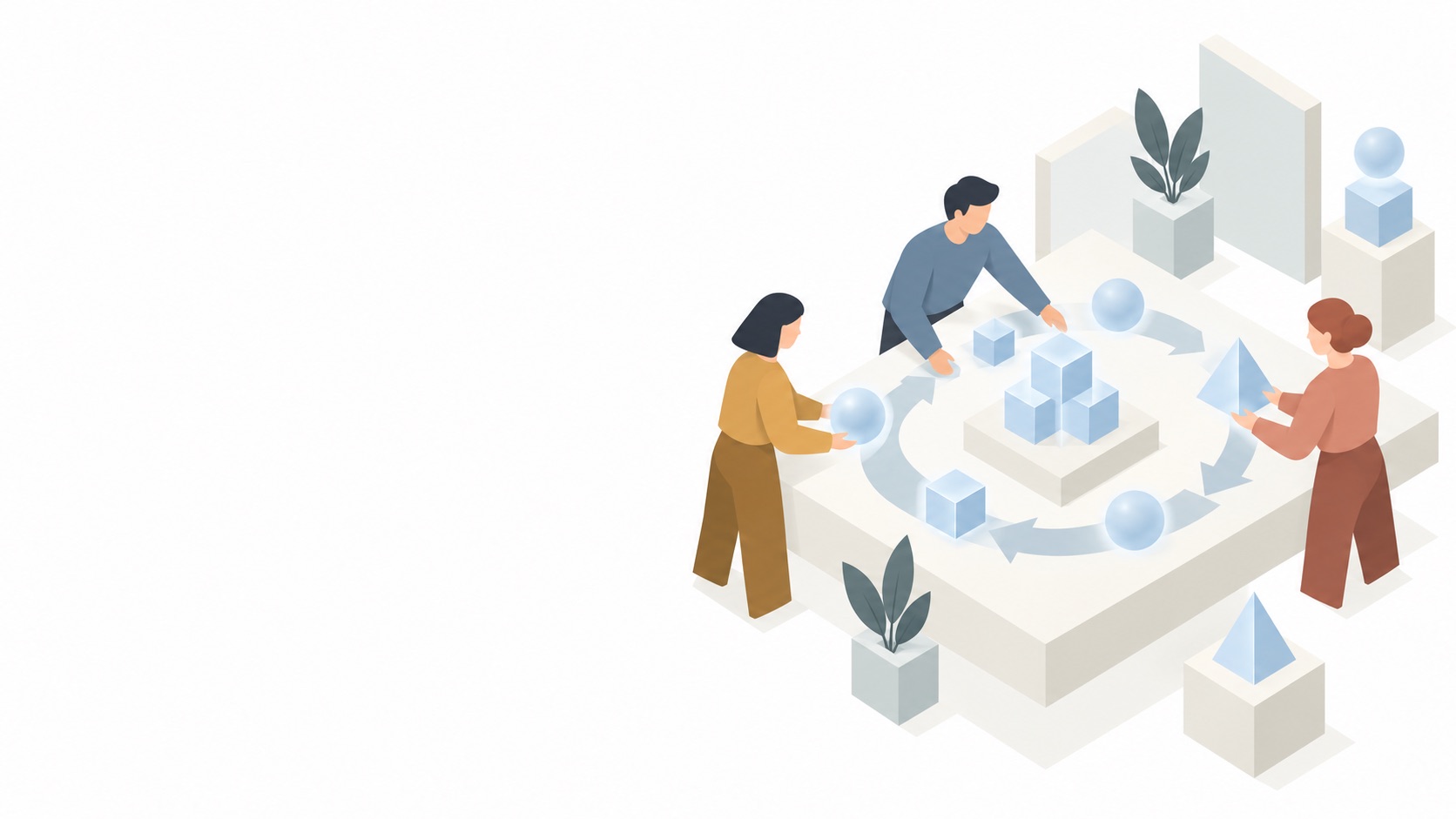 A small team and abstract AI shapes working together around one shared outcome