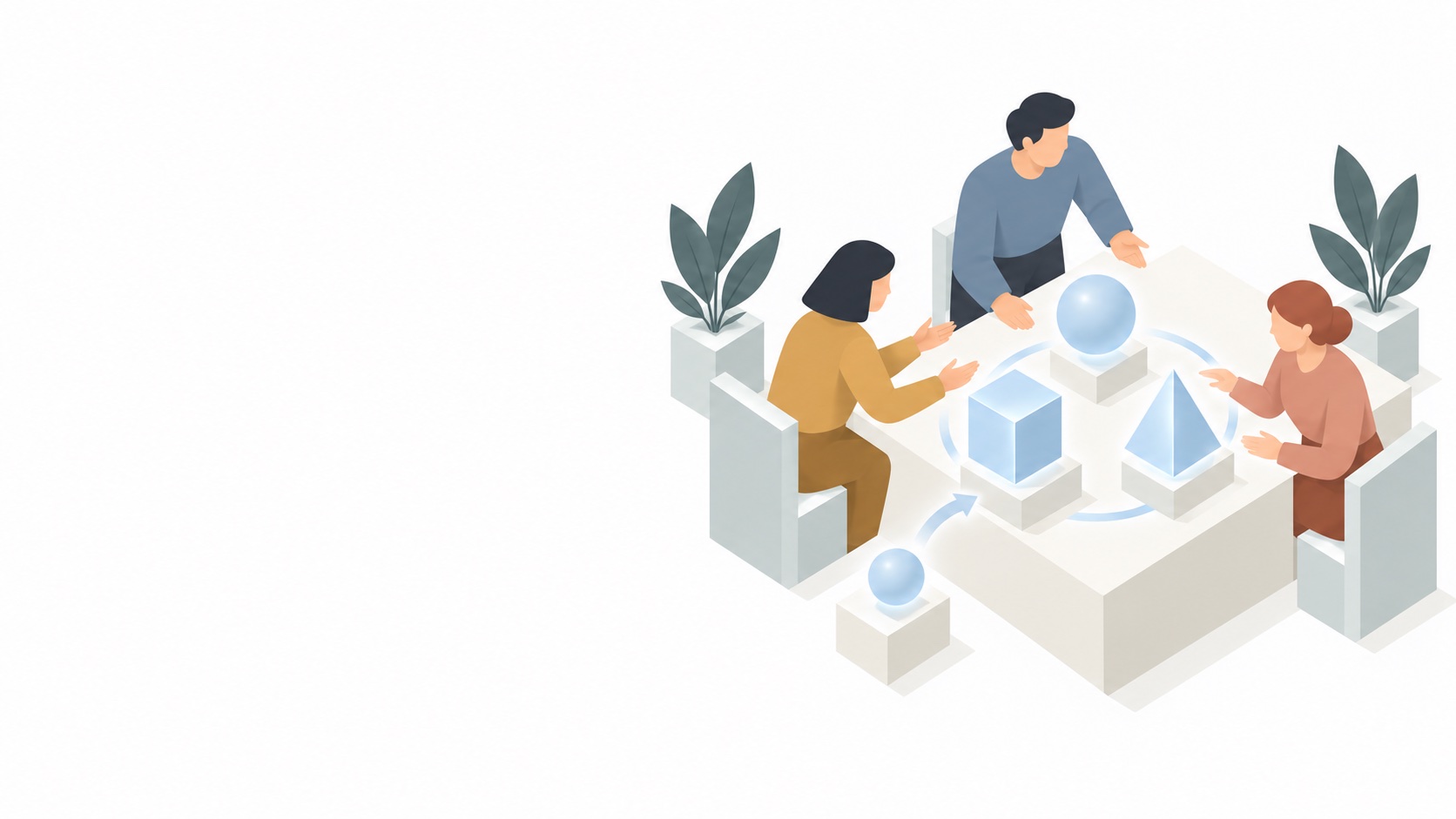 Three colleagues and abstract AI forms work together at a shared table