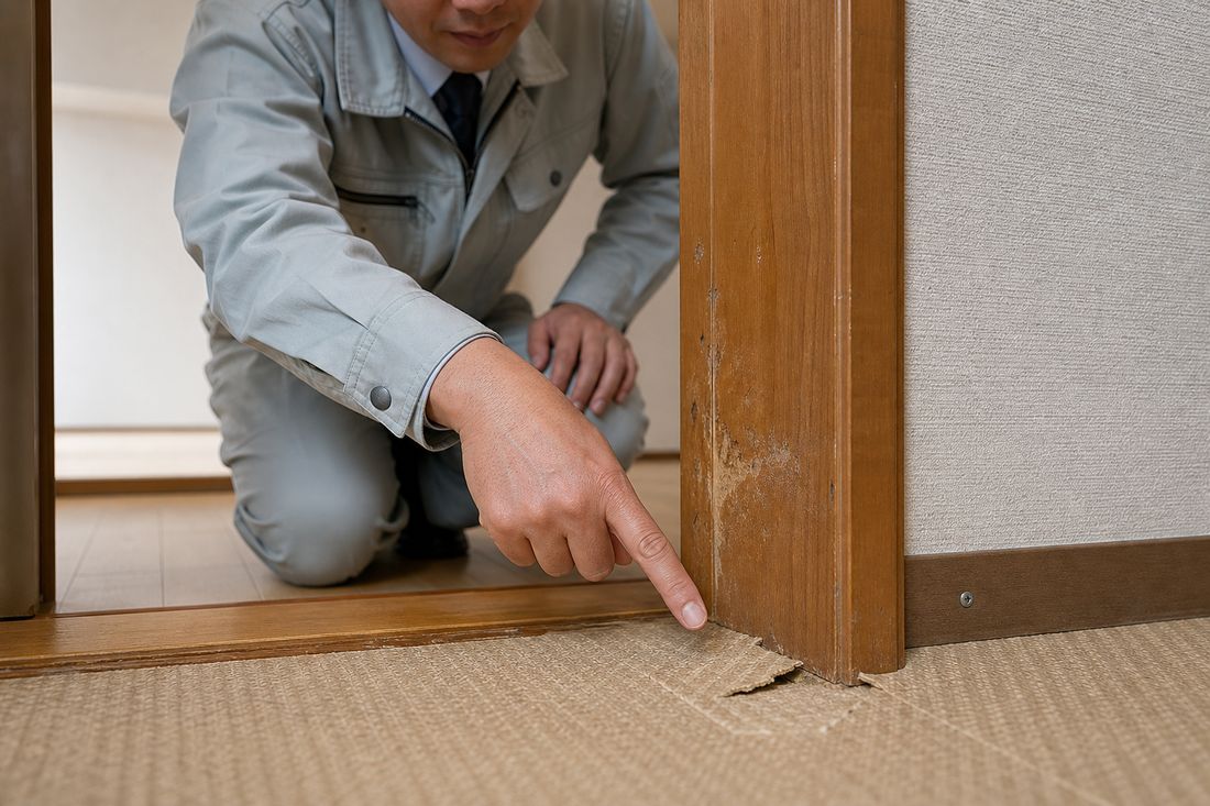 建具の打痕を指差し確認する職人