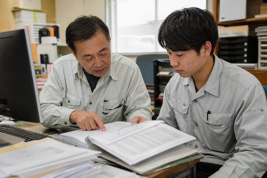 ベテランが単価表バインダーを見せながら若手に説明