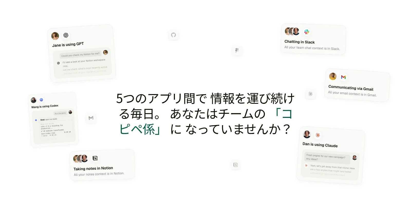 GPT、Codex、Notion、Slack、Gmailのカードが散らばっている図