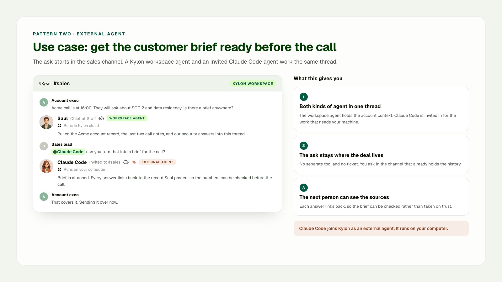 Use case showing a Kylon sales channel where the sales lead invites Claude Code as an External Agent to prepare a customer brief from account context