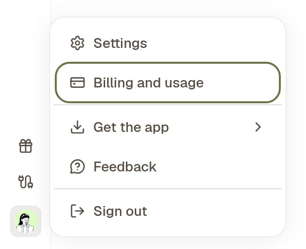 The account menu opened from the profile picture at the bottom of the left sidebar, with Billing and usage highlighted