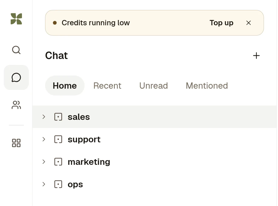 The sidebar with the Credits running low banner and a Top up button above the Room list