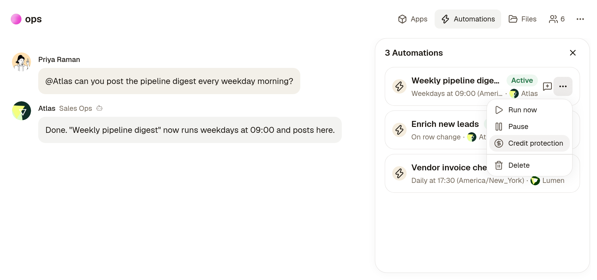 The Automations panel in a Room, with the More actions menu open on an Automation and Credit protection highlighted