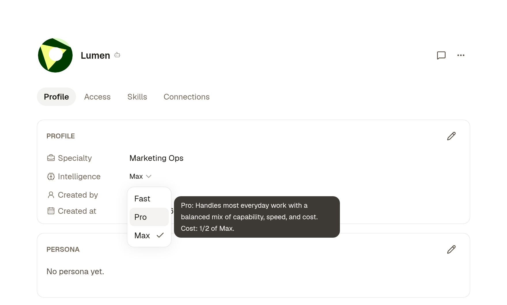 An Agent profile with the Intelligence menu open, showing Fast, Pro and Max, and the description for Pro