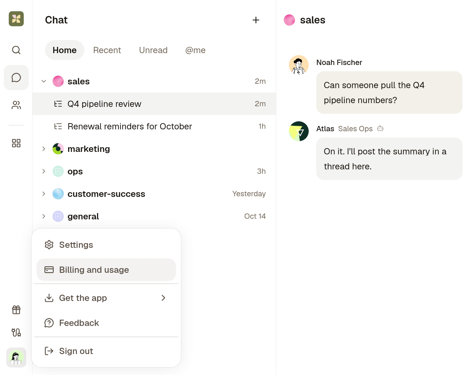The account menu opened from the profile picture, with Billing and usage highlighted