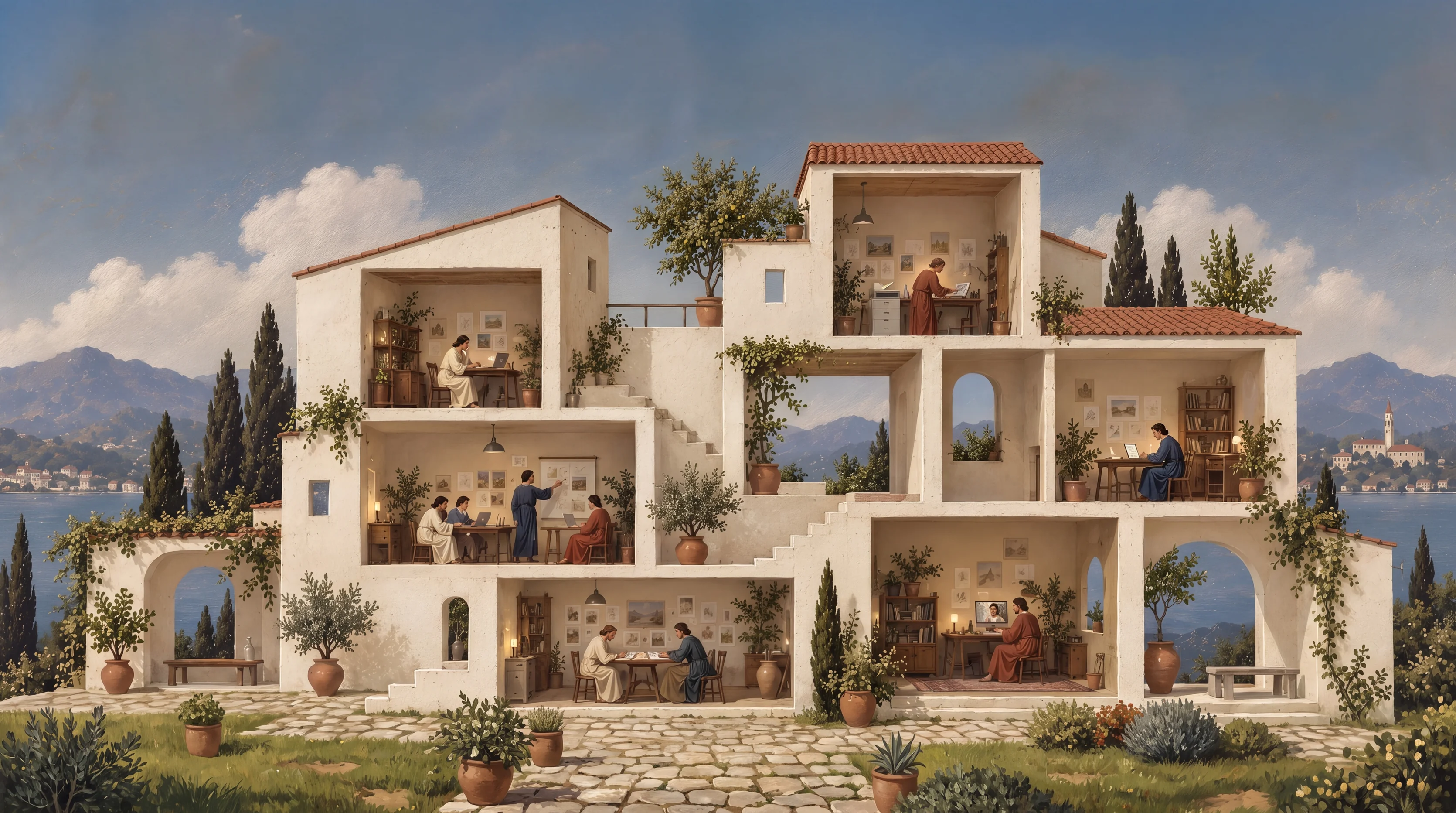 A cutaway of a hillside villa by a lake, with people working together in every room